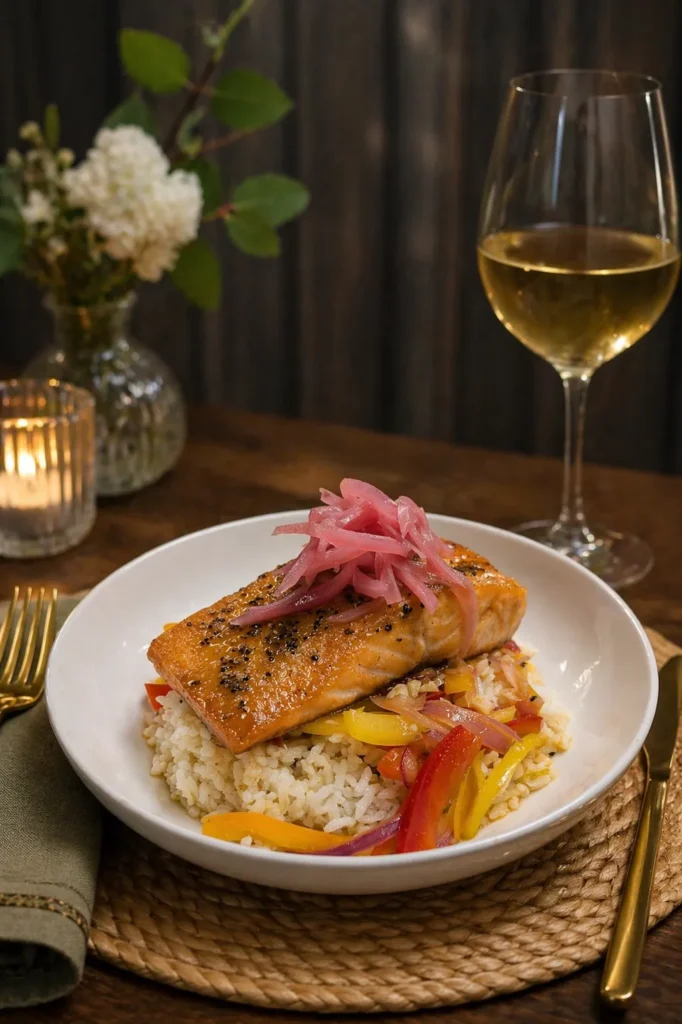 Salmon on bed of rice and peppers