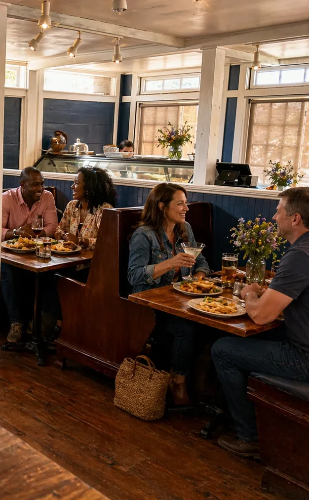 Two couples sitting at tables